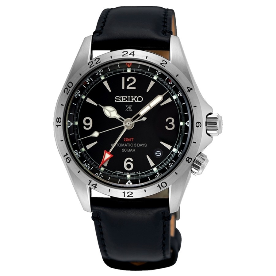 Seiko Prospex SPB379J1 SPB379 Alpinist GMT Black Dial Black Leather Strap Made in Japan