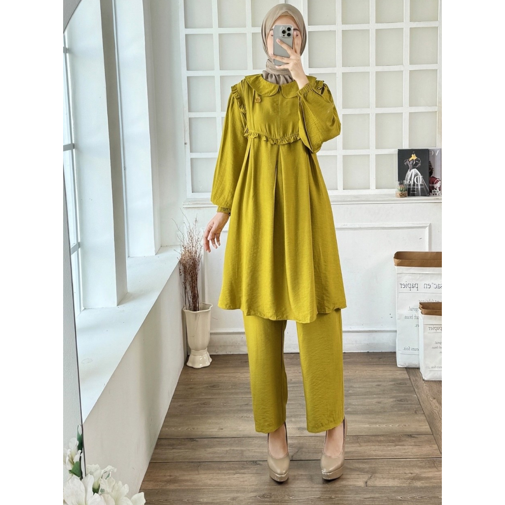 Naila One Set Tunik Setelan Celana Tunik Mix Organza Polo Linen