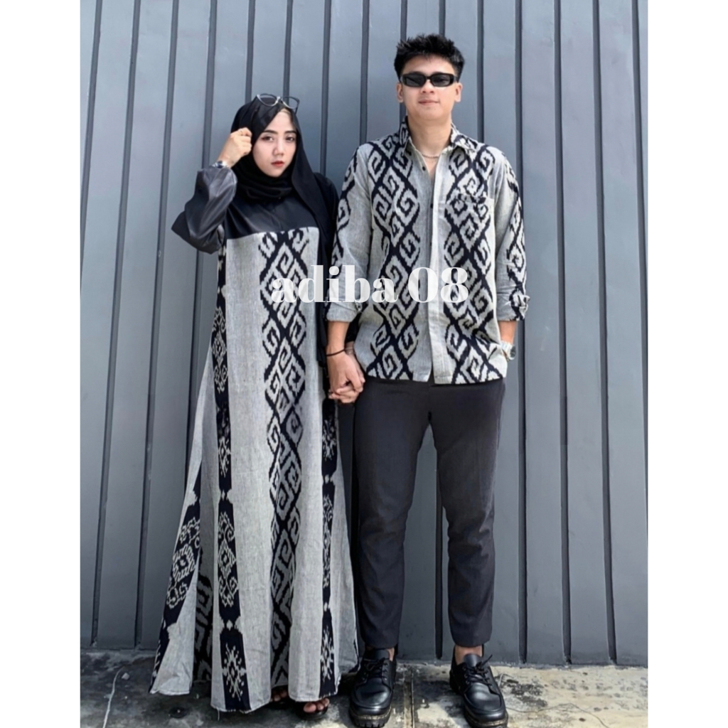(READY STOCK) Baju tenun couple motif grey sesha gamis tenun batik couple baju kondangan couple pasa