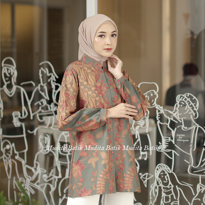 Batik Mudita Motif Agni Blouse Batik Wanita Modern Lengan Panjang Warna Peach Tosca Premium Solo