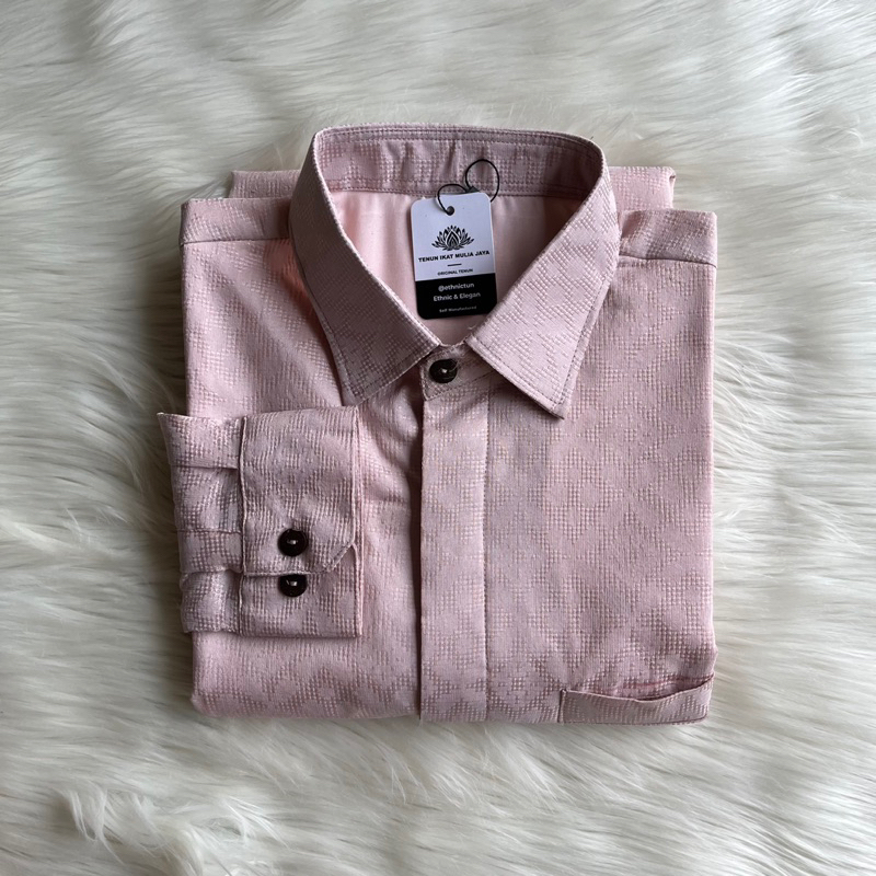kemeja basic songket premium pria lengan panjang pink nude soft