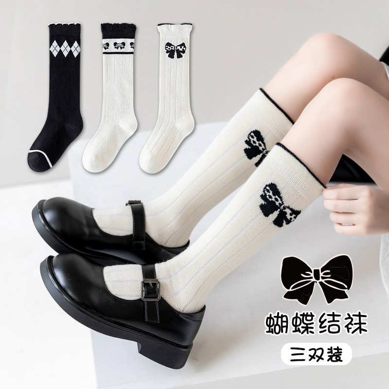 Kaos Kaki Import Korea Anak Perempuan | Kaos Kaki Hitam Putih Panjang Betis Anak Perempuan