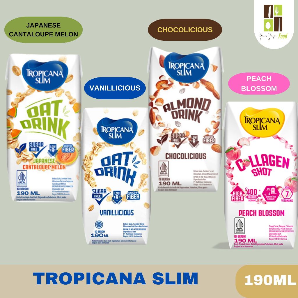 

Tropicana Slim / Minuman Oat / Almond Drink / Vanillicious / Chocolicious / Cantaloupe Melon / Collagen Peach Blossom 190ml