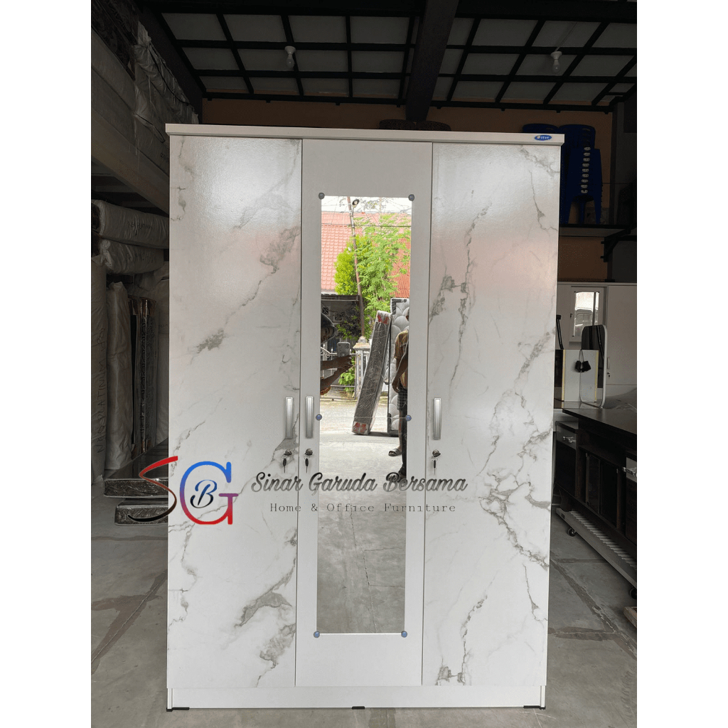LEMARI PAKAIAN 3 PINTU KACA PANJANG WARNA PUTIH MOTIF MARBLE / LEMARI BAJU 3 PINTU KACA FULL BODY WA