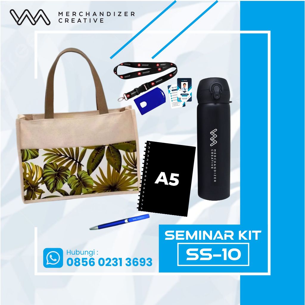 

Tas Kanvas Kombinasi, Lanyard Fullprint + Case, Tumbler TC 202, Notebook Hardcover A5, dan Pulpen Sablon - Custom Seminar Kit