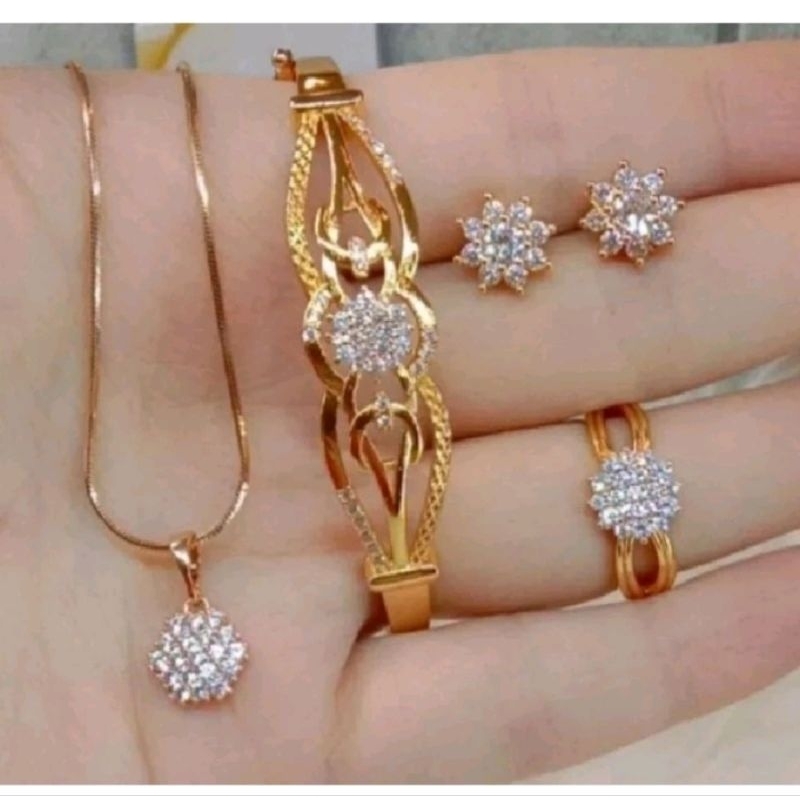 1 set perhiasan lengkap titanium lapis emas anti luntur terlaris elegan dipakai