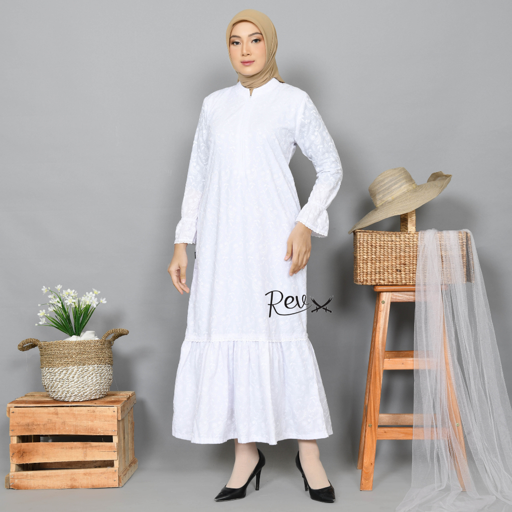 Gamis Umroh Wanita Putih Katun Full Bordir Rempel Busana Muslimah