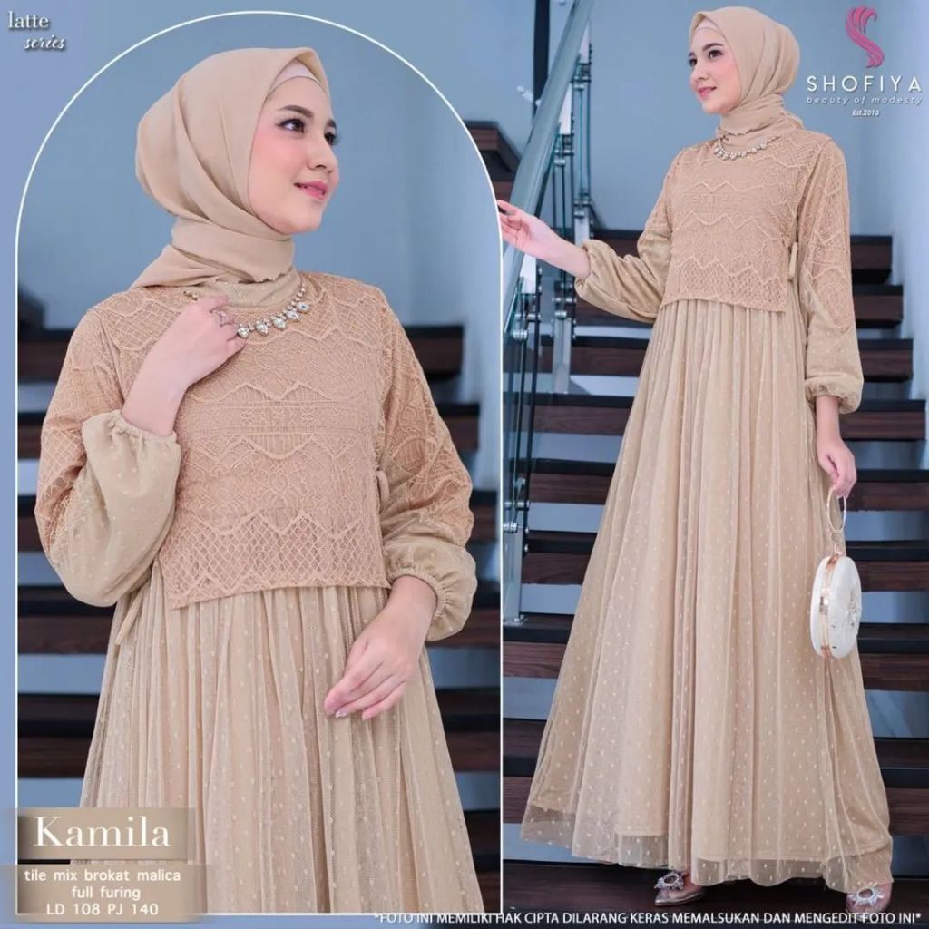 KAMILA DRESS Baju Gamis Wanita Dewasa Kondangan Brukat Gamis Lebaran 2024 Bahan Tile Dot Full Puring