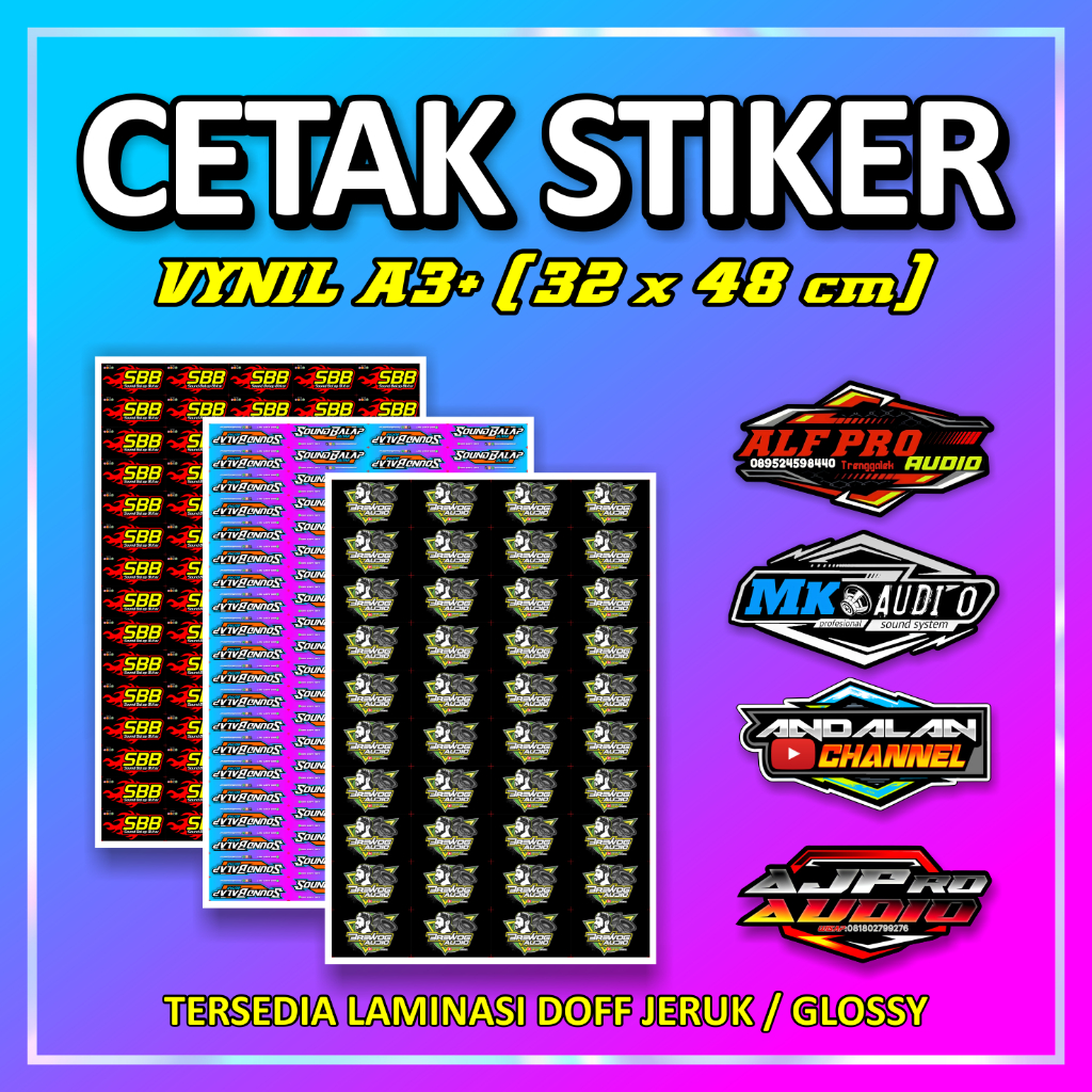 

CETAK STICKER DESAIN SENDIRI - Bahan Vynil PREMIUM Laminasi Anti Air Stiker Sound System Sound Balap Blitar