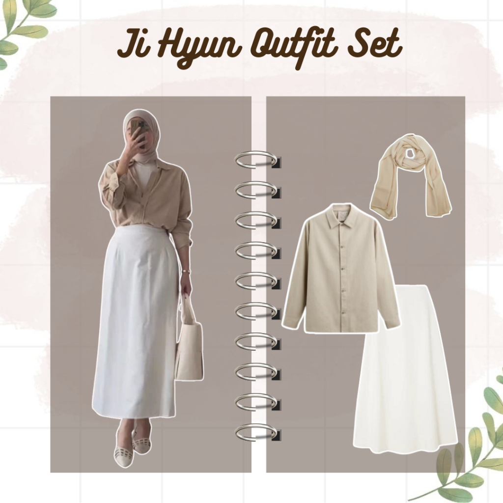 One Set Kemeja Wanita Casual [ Kemeja Oversize Milo + Rok Putih Tulang + Pashmina Jersey Cream ] | O