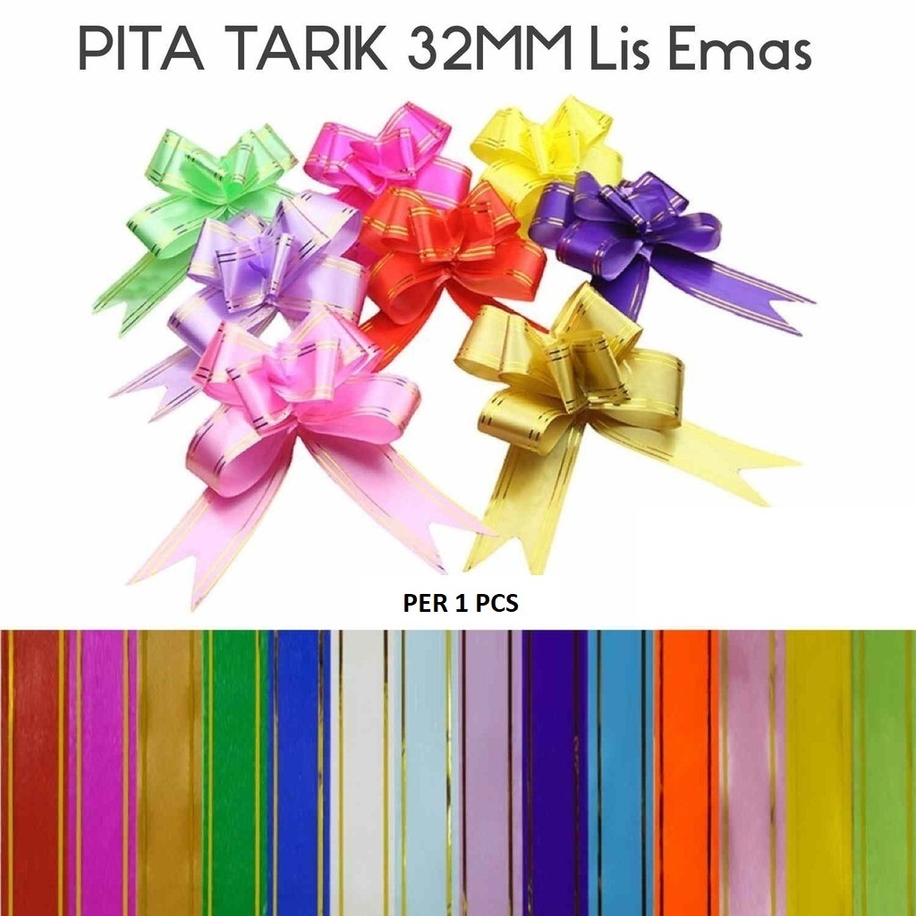 

(1pcs)Pita Tarik 32mm Lis Emas Serut Besar Hiasan Parcel Souvenir Pull Flower Ribbon 30 32 mm Gold Stripes