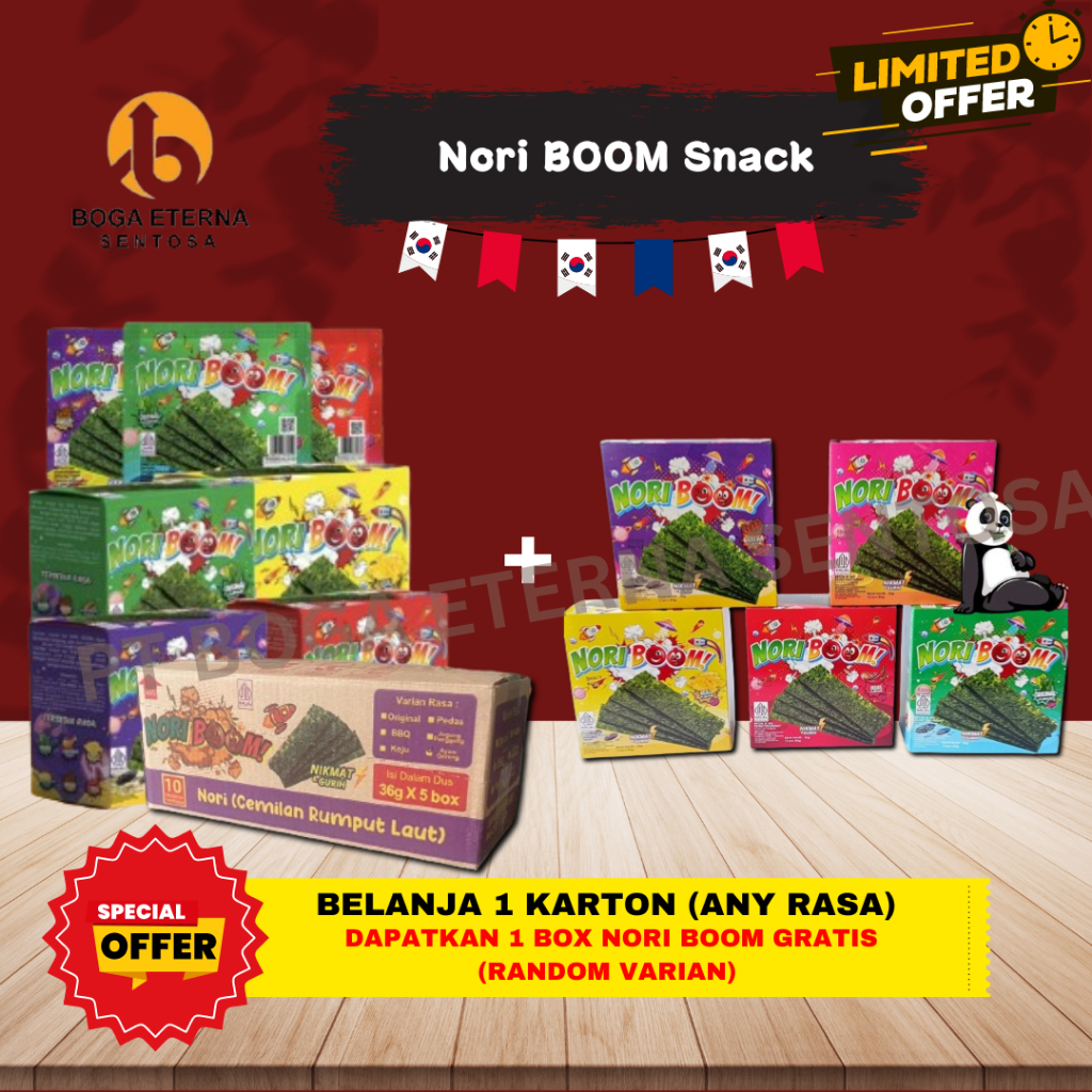 

(SPESIAL PROMO!) Nori Boom 1 KARTON FREE 1 BOX/ Nori Boom Snack Rumput Laut HALAL