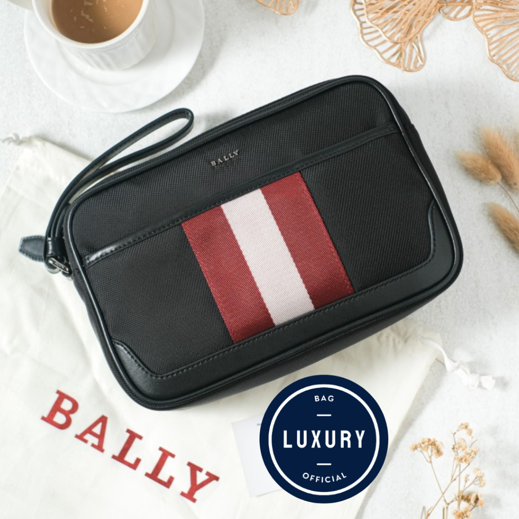 Tas Bally Caliros Clutch Techno Nylon Black Red Original 100%