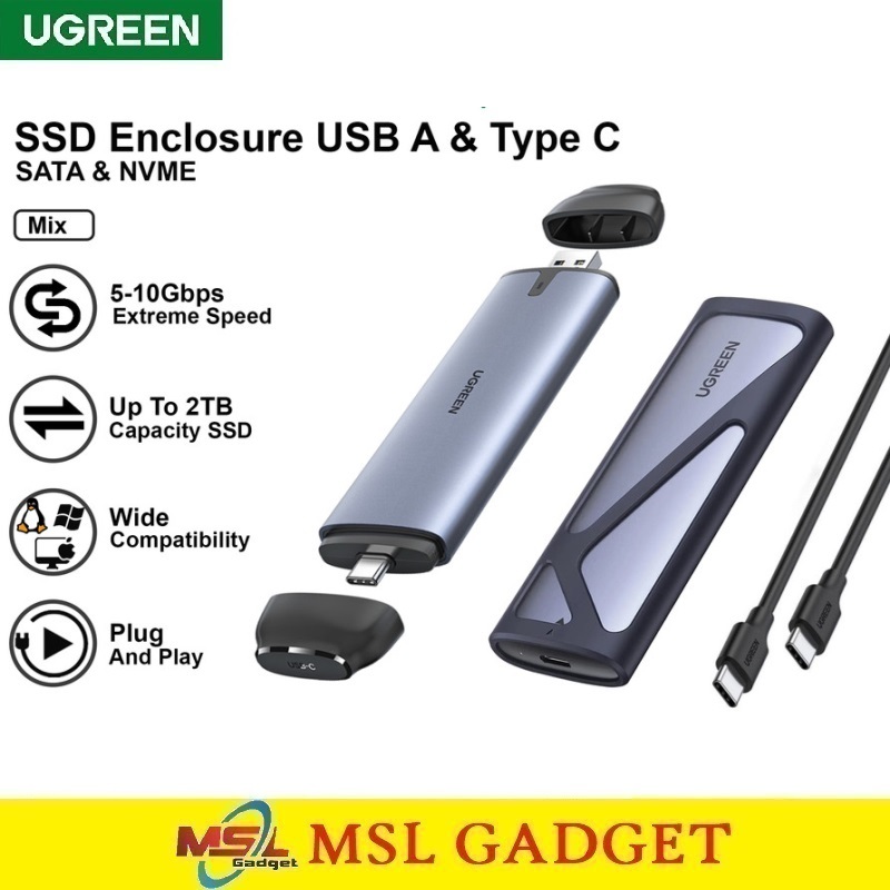 UGREEN Casing SSD Enclosure M2 M.2 SATA NVMe 10Gbps USB Type C 3.1