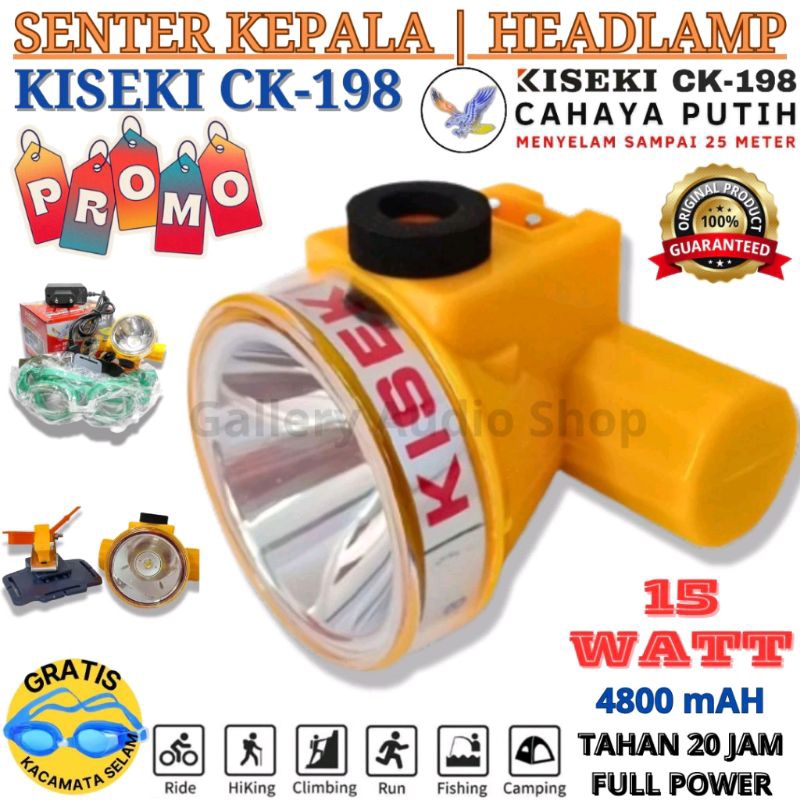 Senter Kepala Selam KISEKI CK-198 15 Watt Original | Senter Kepala Super Terang Anti Air Cas Recharg