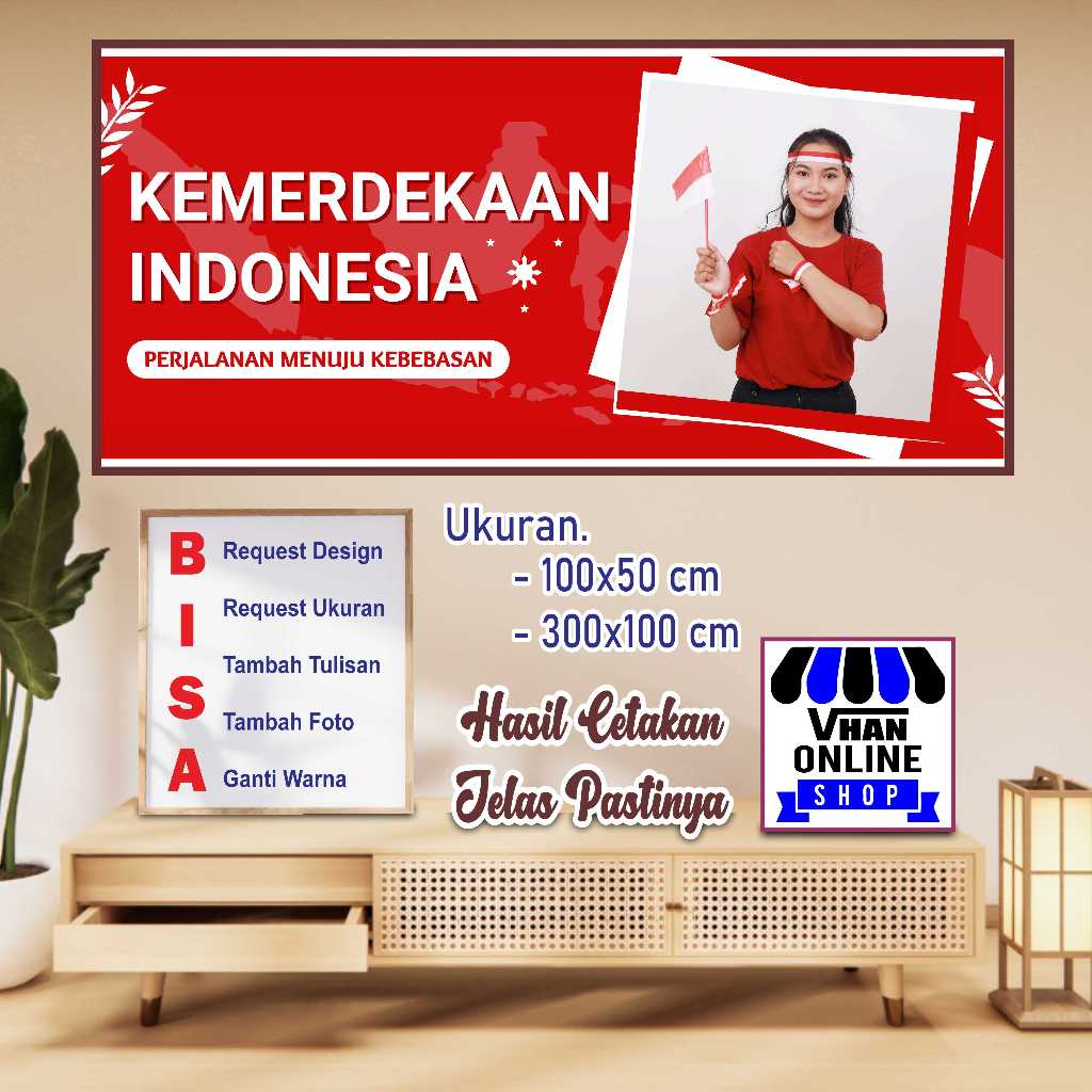 Size 300x100 cm Banner MMT Spanduk HUT RI Dirgahayu Warna Merah