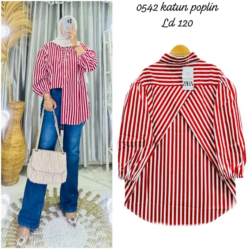 Kemeja Zara poplin salur,kemeja merah putih,Atasan Zara katun jepang, Atasan over size