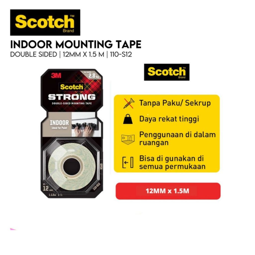

3M SCOTCH STRONG Perekat Double Indoor Mounting Tape 12mmX1.5m 110-S12
