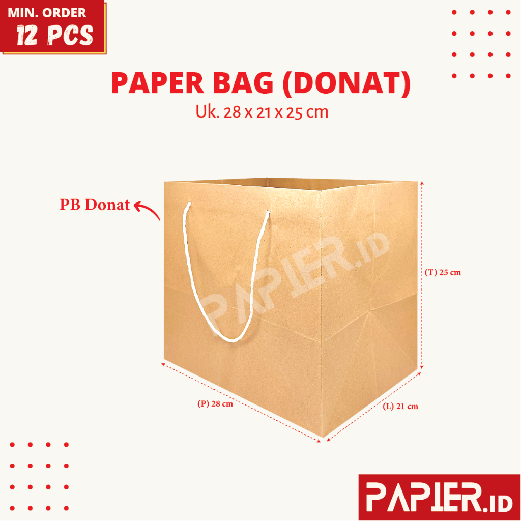 

(isi 12pcs) Paper Bag Kraft Donat uk. 28x21x25 cm / Tas Kantong Kertas Coklat Box Donut