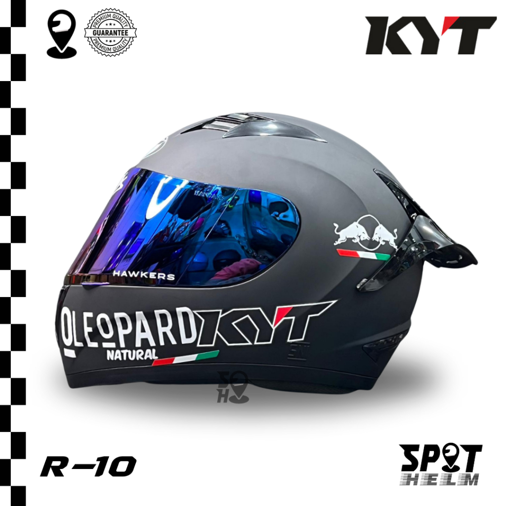 HELM KYT R10 SOLID BLACK DOFF PAKET GANTENG LEOPARD REDBULLL - HELM KYT FULL FACE R10