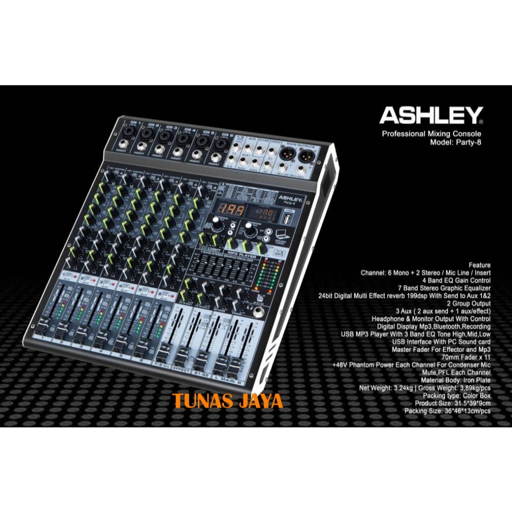MIXER AUDIO ASHLEY PARTY 8 PARTY-8 MIXER 8 CHANNEL ORIGINAL ASHLEY