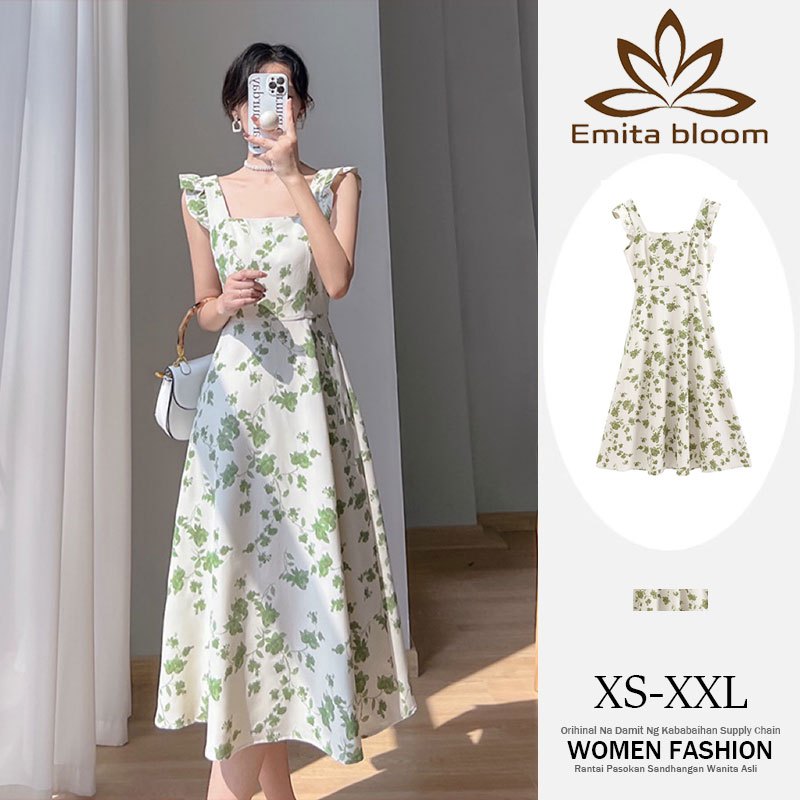 BAHAN PREMIUM / EMITA BLOOM flowy long dress motif bunga pantai Korean Style dress wanita kekinian