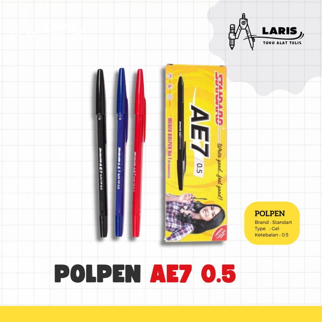 

Pulpen Bolpoin Pena Standard AE7 0,5 | Biru, Merah, Hitam | 1 PACK isi 12 Pcs