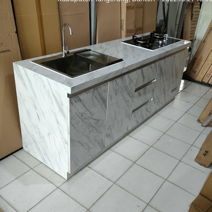 kitchen set bawah minimalis dapur + kompor tanam + sink wastafel - Top HPL, Dp 50%