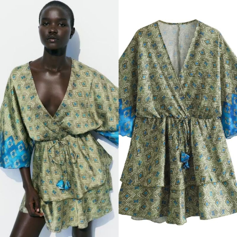 Green Retro Pattern Dress Satin 75404 (TS)