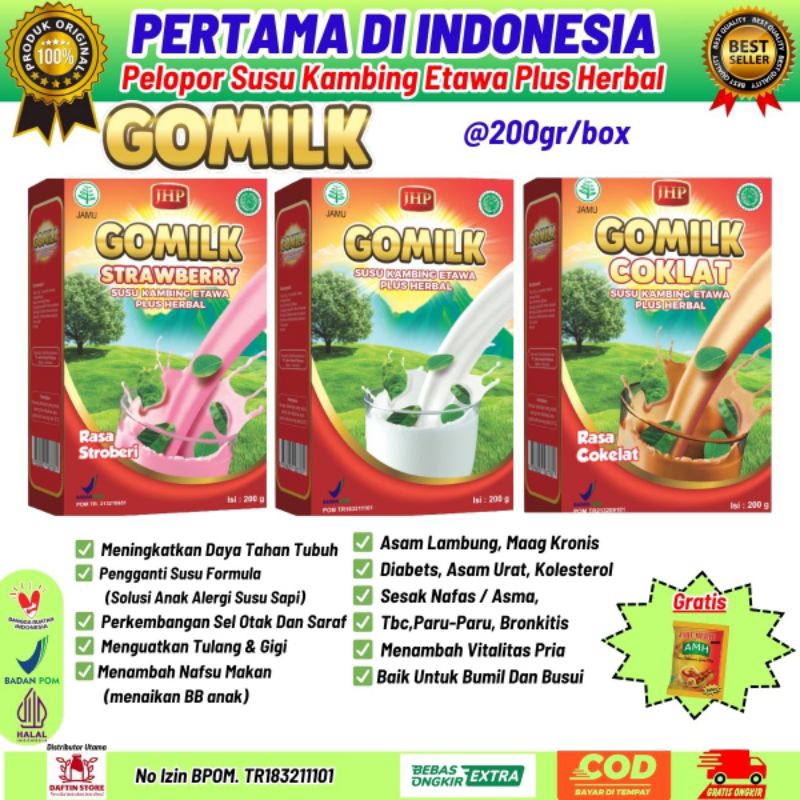 

GOMILK susu kambing etawa bubuk plus herbal daun kelor,salam kemasan 200gr free jahe merah asli 100% Rasa original,coklat, stroberi atasi nyeri sendi dan tulang,penambah berat badan anak,imun asi booster untuk usia 1 tahun,manula,lansia,ibu hamil,menyusui