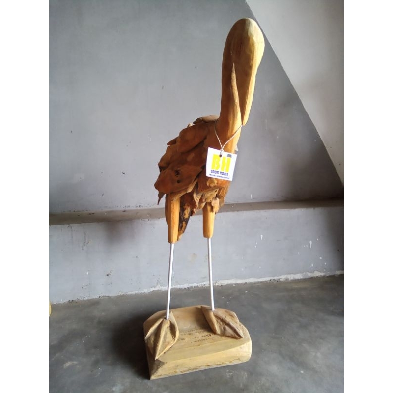 Hiasan Patung Bangau Kayu jati Premium Natural