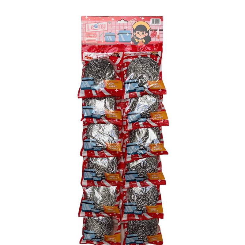 Leony Jumbo Merah Gosok Panci Stainless 1 Lusin Rentengan / Sabut Cuci Stainless  / Kawat Cuci Pirin