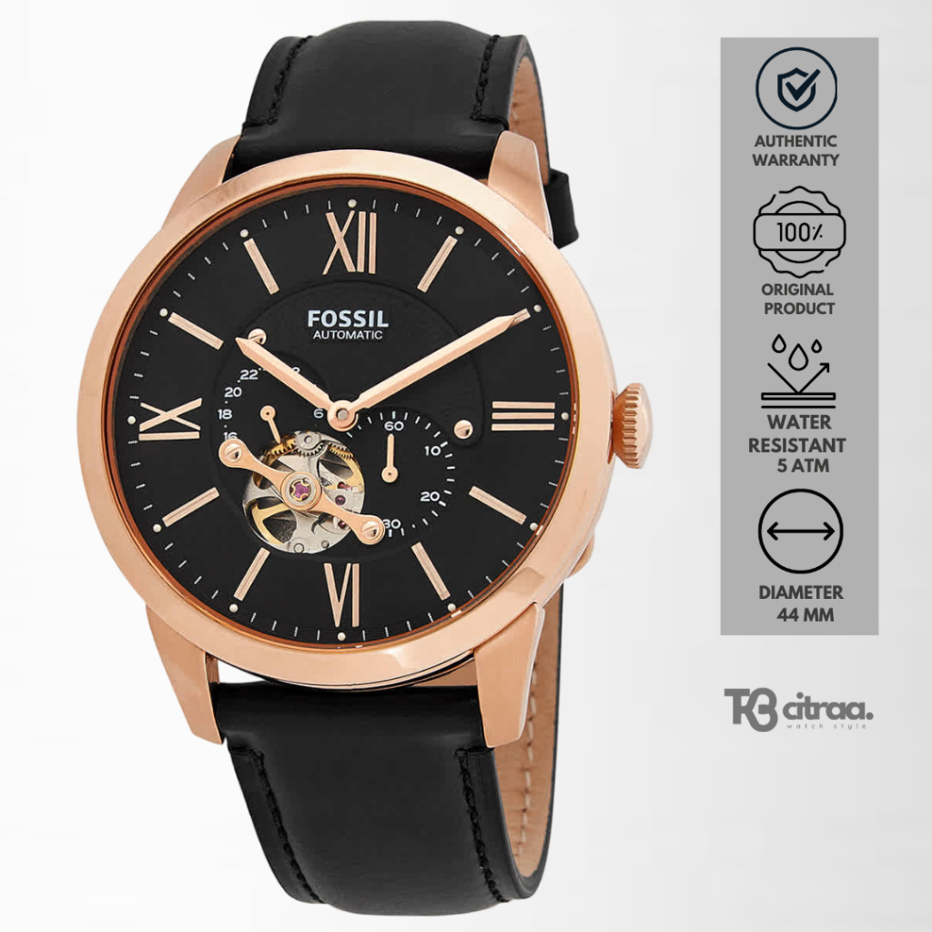 jam tangan fashion cowok Fossil Townsman analog strap kulit hitam Automatic Pria water resistant bla