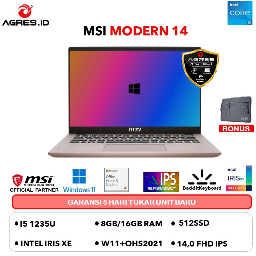 MSI MODERN 14 I5 1235U 16GB 512GB W11+OHS 14.0FHD IPS BLIT 2Y SLV -C12MO.1054