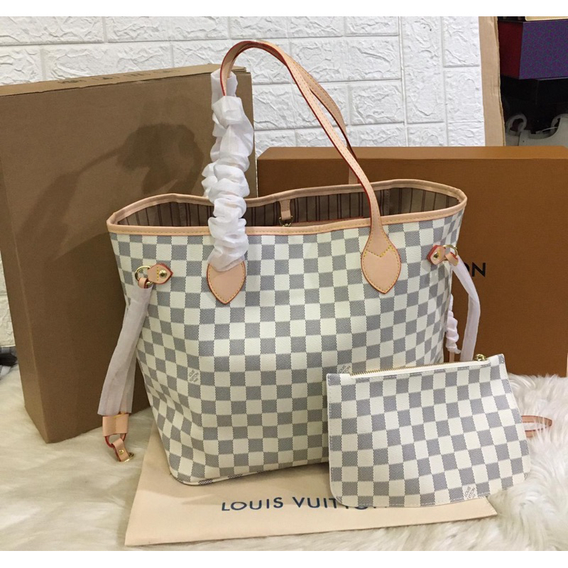 LV Neverfull MM Damier Azure Rose Ballerine Bag M61252 with Magnet Box (Double Box)