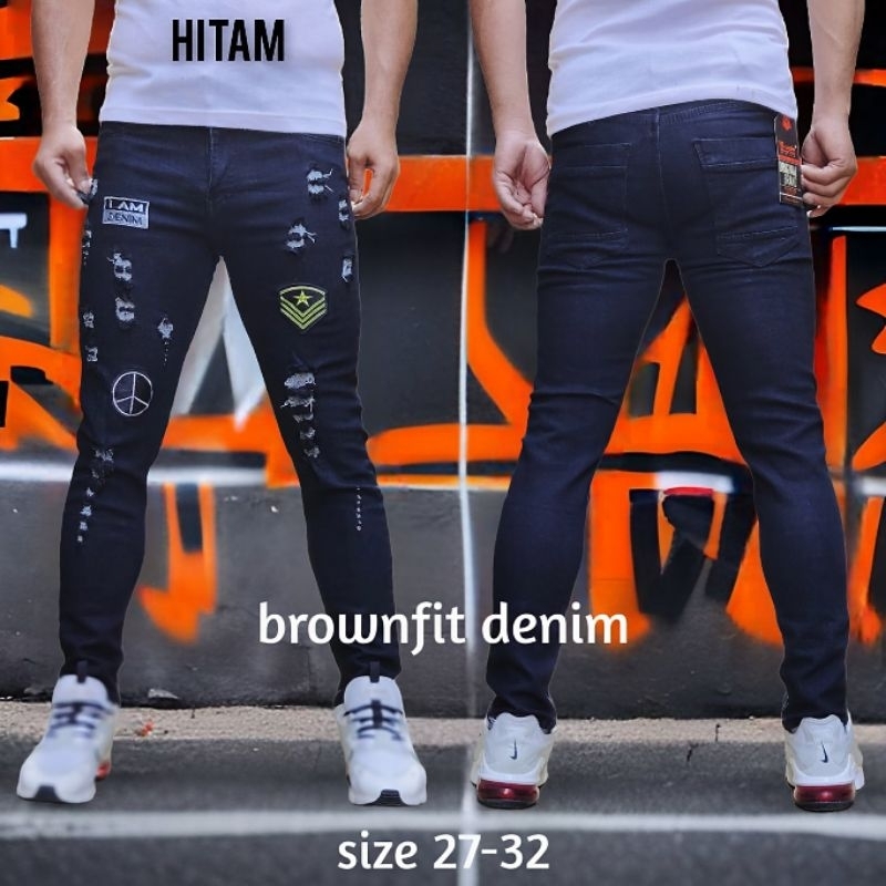 Celana Jeans Sobek Bordir Pria Keren Celana Jins Cowok Pensil Slimfit Bikers Ripped Knee