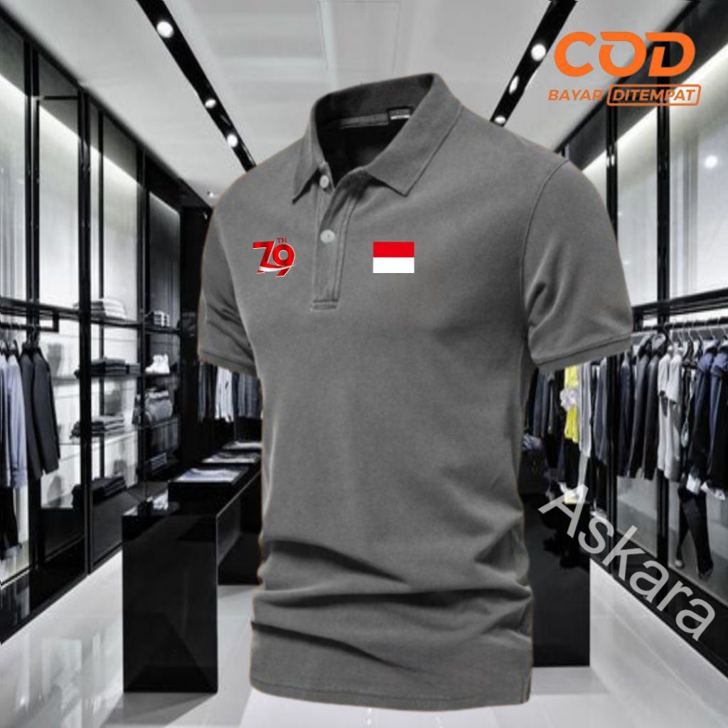 COD T-shrit POLO kerah Lengan pendek kemerdekaan-79 Text merah putih Kaos Kerah Dewasa Shirt / Kaos 