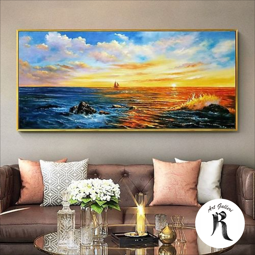 lukisan pantai timbul - lukisan kanvas air laut aestetic - lukisan modern