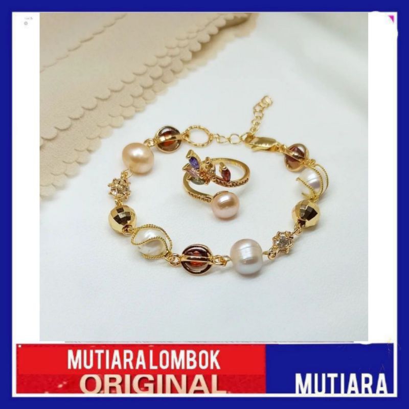 perhiasan set gelang mutiara cincin mitiara lombok asli set perhiasan wanita jewelry pearl
