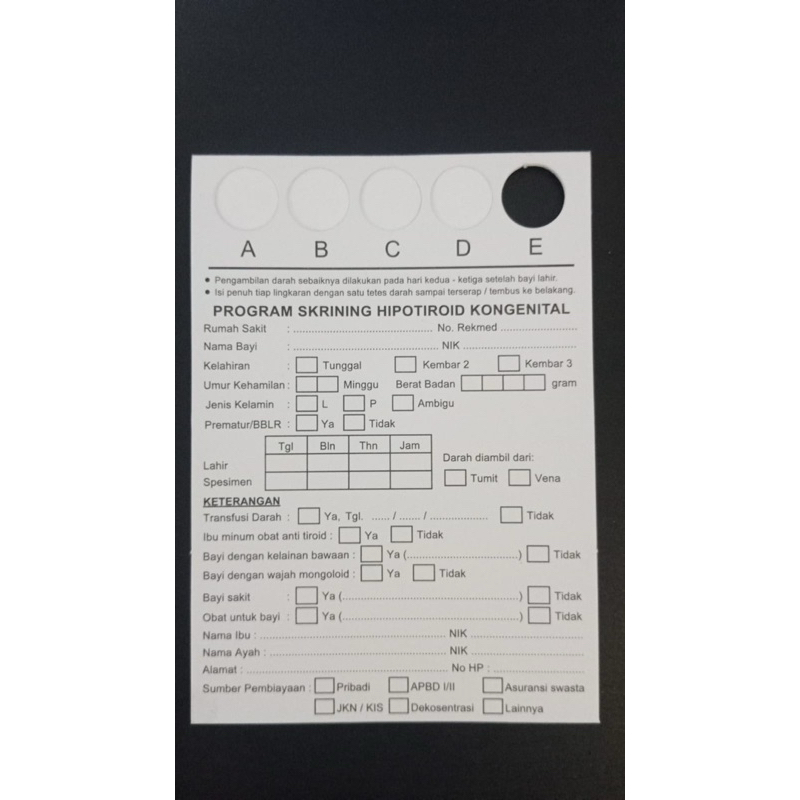 KERTAS SHK ( Skrining Hipotiroid Kongenital ) Plus lancet bayi