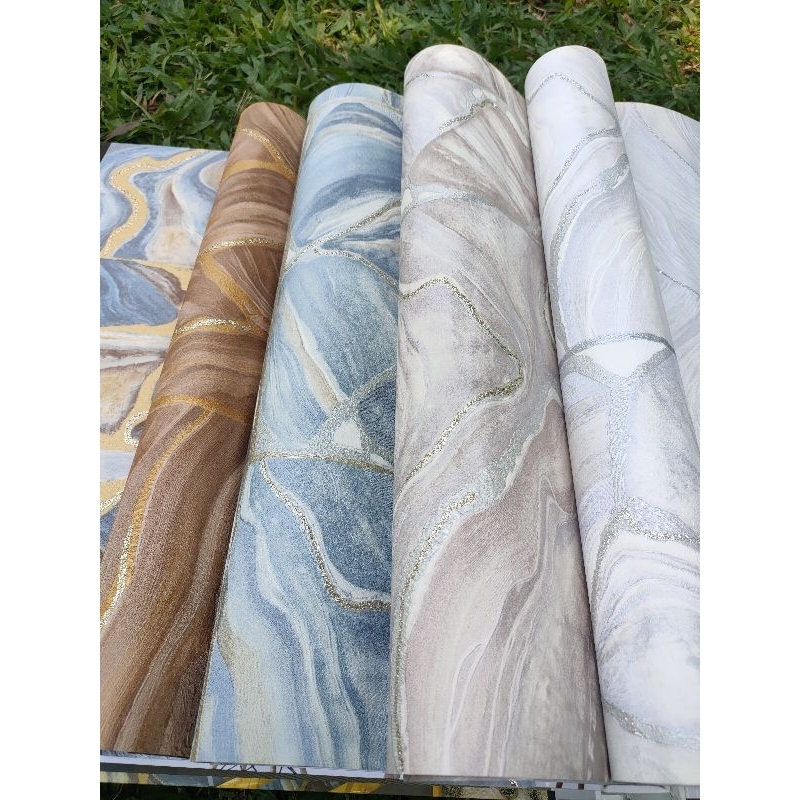 Wallpaper Motif Kotak Marmer Biru Cokelat Cream Abu Abu