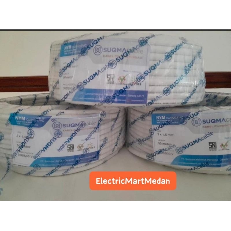 kabel listrik putih  nym 2x1.5@50meter SUQMA SNI bagus tembaga 99.9%