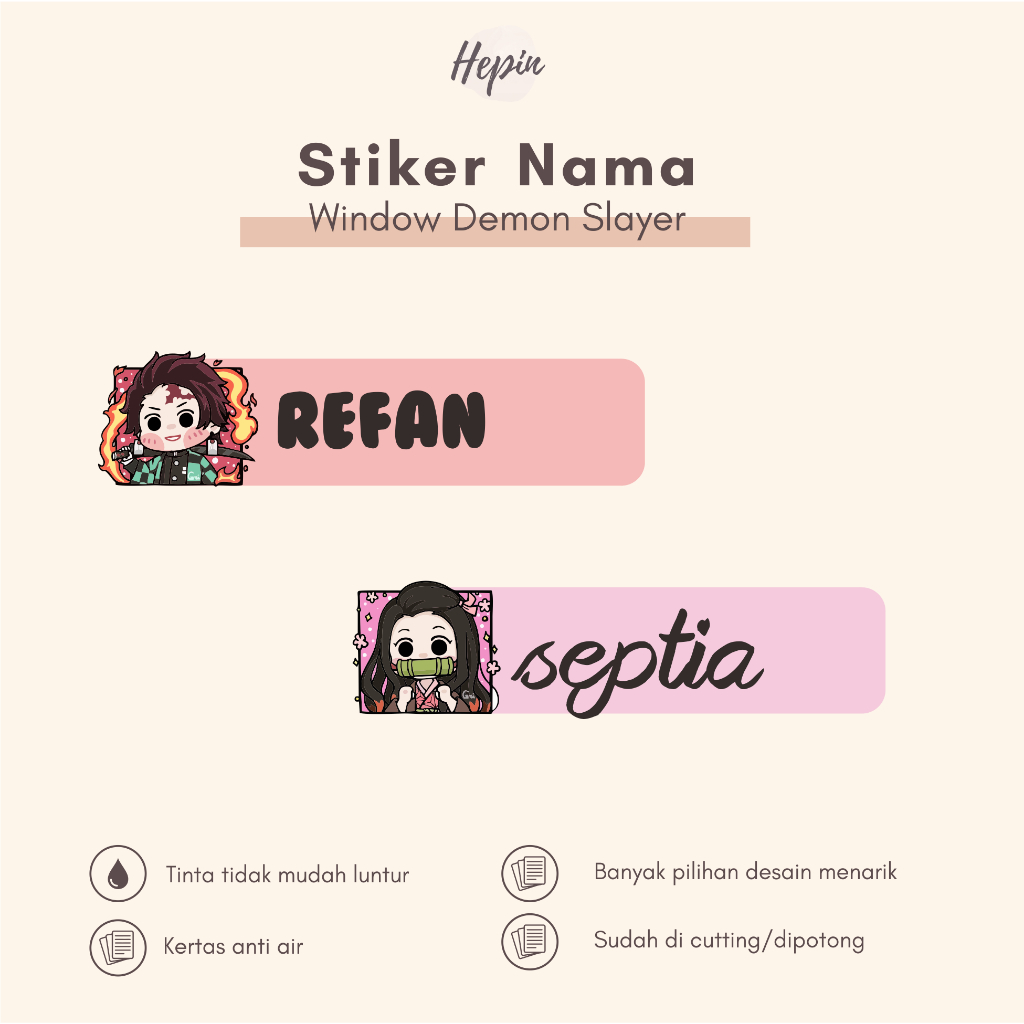 

(90 - 120 pcs) label nama Lucu Window Anime DEMON SLAYER / Stiker Nama Anak Murah / Label Nama Custom/cutting stiker nama anda