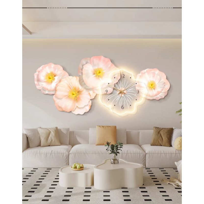 8.8 big promo jam dinding bunga terbaru uk 80x30cm  LED +remot dekorasi dinding ruang tamu jam mewah