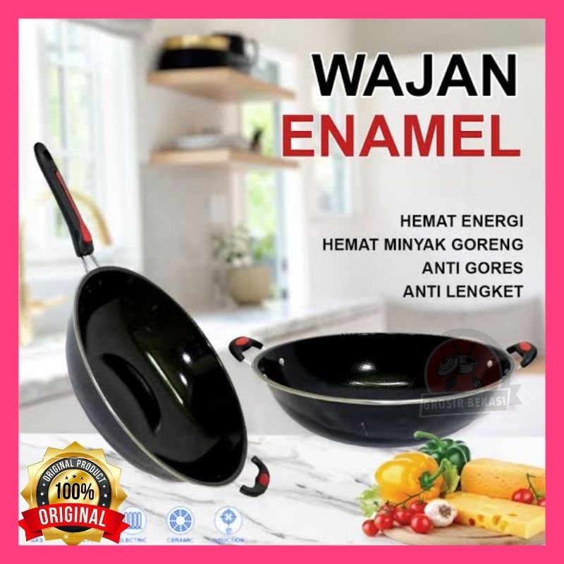 Wajan Kuali Enamel Anti Lengket Kuali Gagang Enamel Wok Pan Anti Lengket