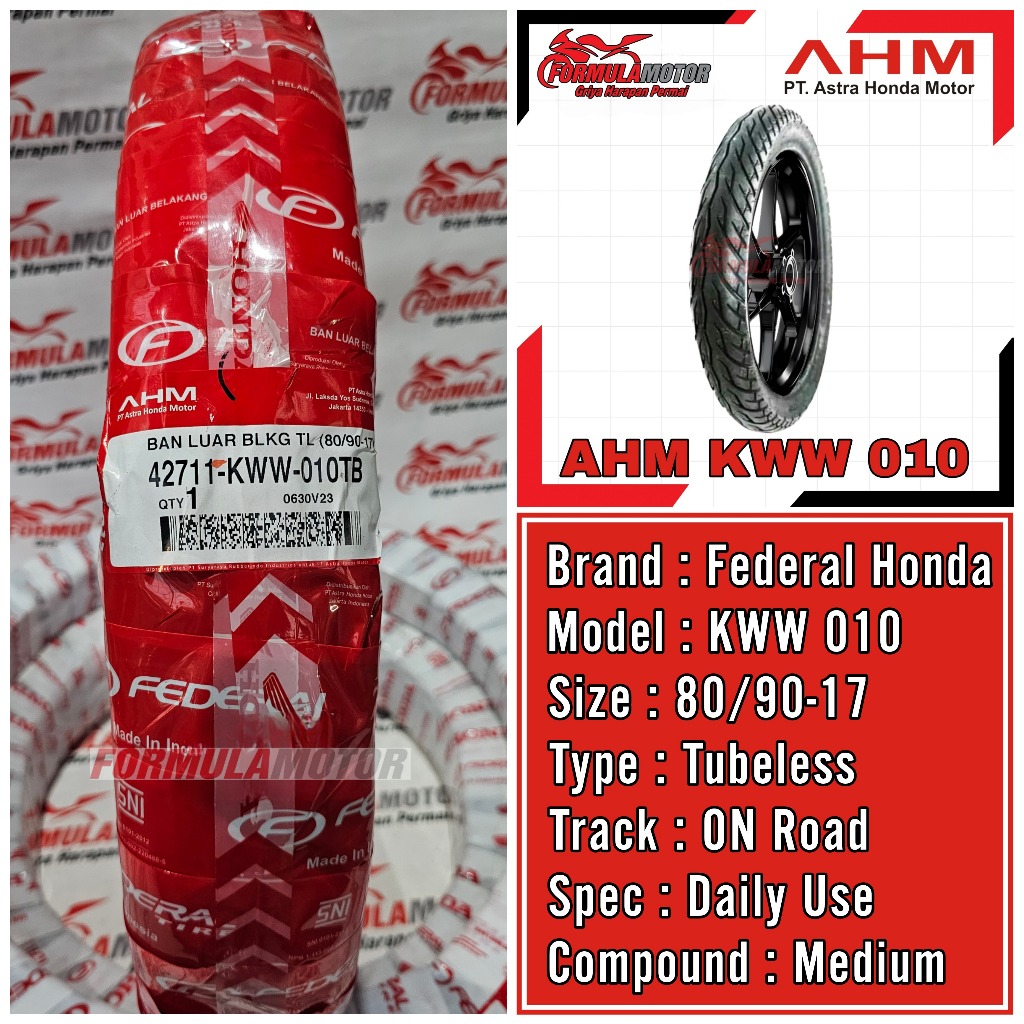 80/90-17 Ban Federal Honda AHM KWW Tubeless - Ban Belakang Supra, Karisma, Revo, Blade, Sonic - Ban 