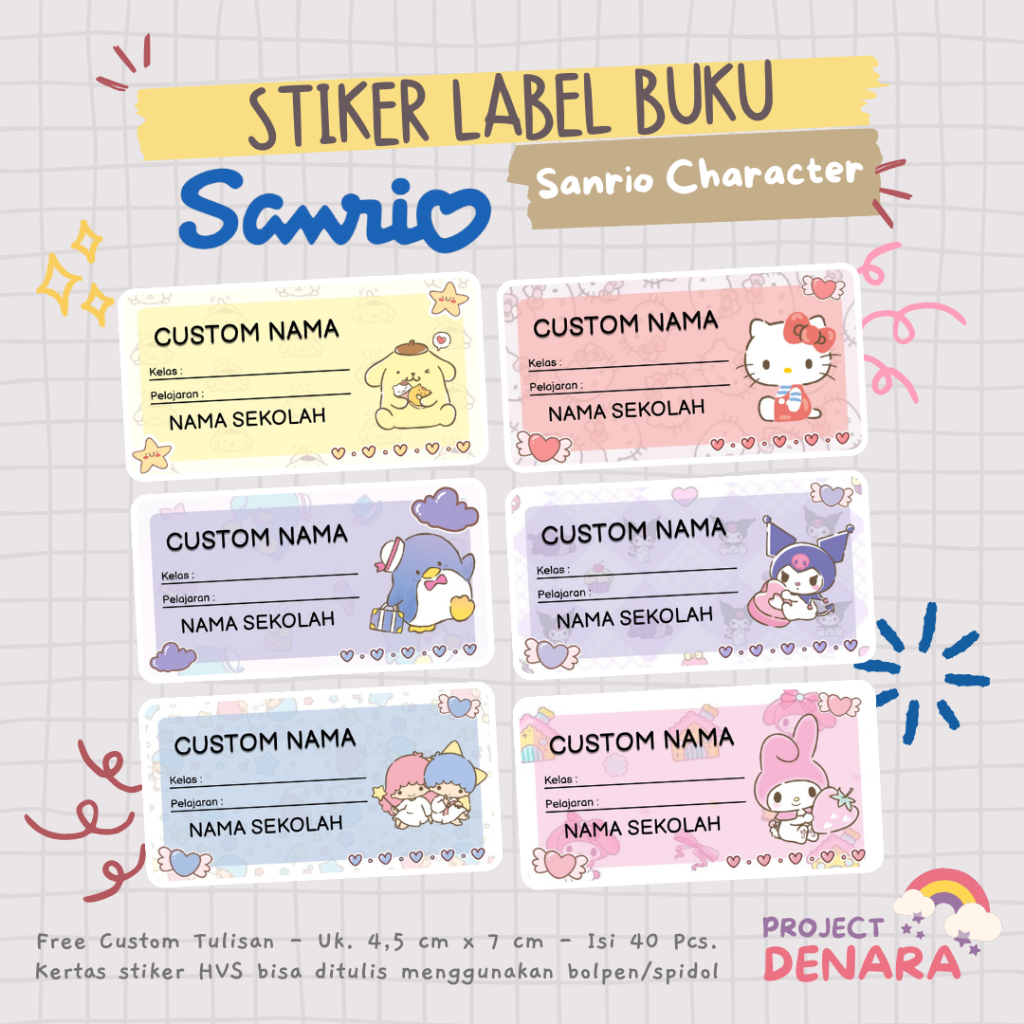 

40 Pcs Stiker Label Nama Buku Pelajaran Sanrio My Melody Cinnamoroll Kuromi Pompompurin