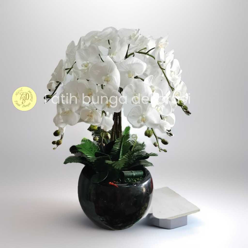 Tanaman Dalam Pot 8 Tangkai Rangkain Bunga Anggrek Bulan Putih Latex Besar Premium