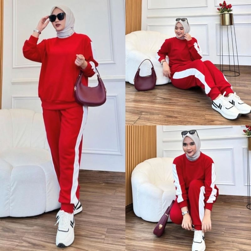 NIRA SETELAN MERAH / SETELAN JOGGER / BAJU SETELAN WANITA / ONE SET CELANA / SETELAN BAJU MUSLIM / B