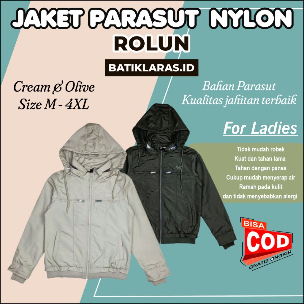 Jaket Parasut Nylon Rolun Wanita Standar Jumbo Cream Olive Army